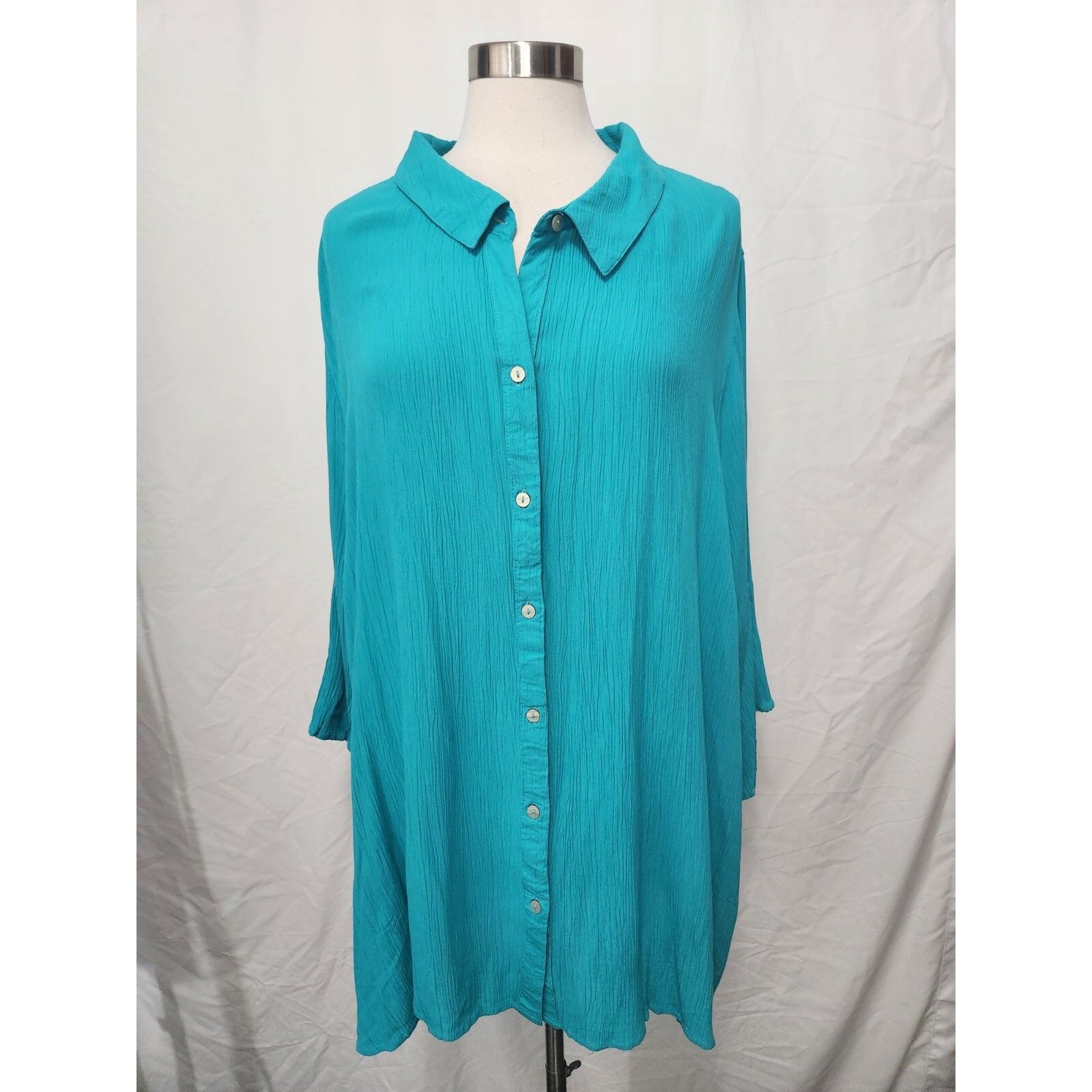 Evans Womens Tunic Top 22/24 Turquoise Button Up Roll Tab Slv Pleat Back Blouse — image 2 of 8